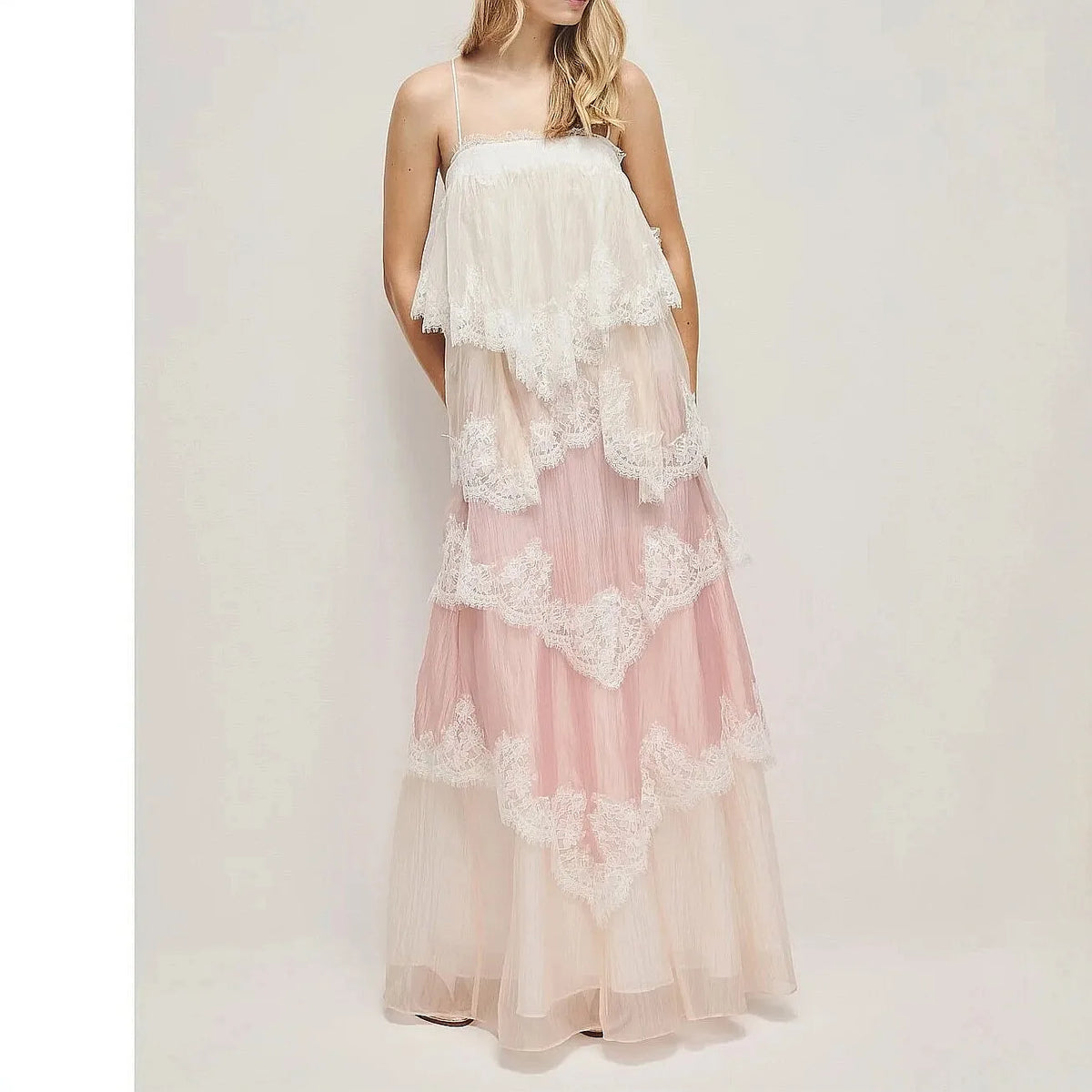 French Vintage Lace Gradient Camisole Long Dress Spring Summer Floral Maxi Dress Elegant Layered Ruffle Dress