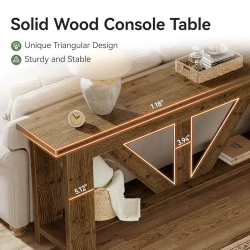 Solid Wood Sofa Table, 70.9 Inches Extra Long Console Table with 2 Tiers Storage Shelves, Rustic Entryway Table Behind