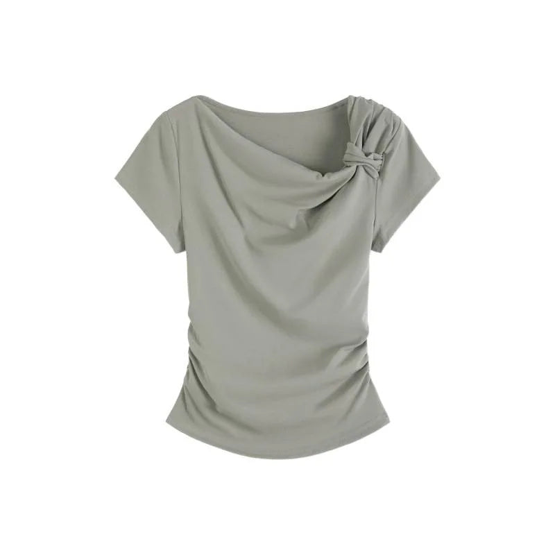 Slim Fit Short Sleeve T-Shirt Women Summer New Style Shoulder Bared Neckline Gathered Waist Elastic Band Casual Style Top