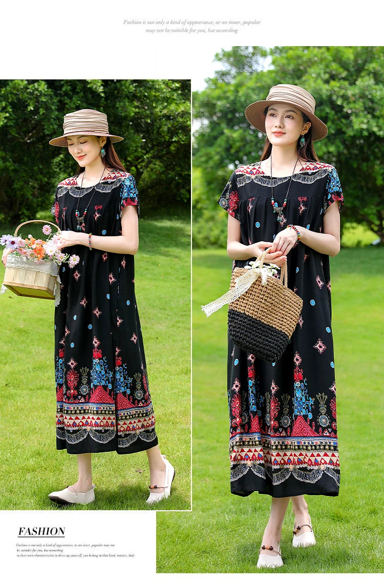 New Fashion Casual 2025 Summer Elegant Dresses For Women O-Neck Print Vintage Short Sleeve Dress Loose Women Clothing