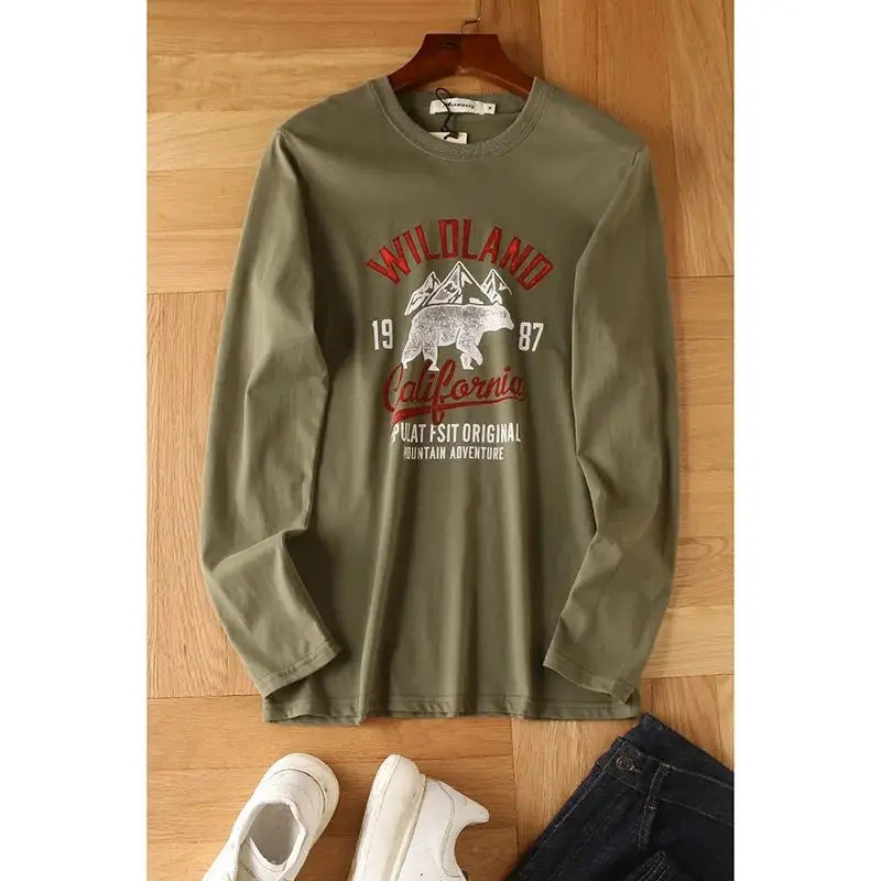 Men's Premium Pure Cotton Long Sleeve T Shirt With Washed Brushed Finish Retro American Print For Men