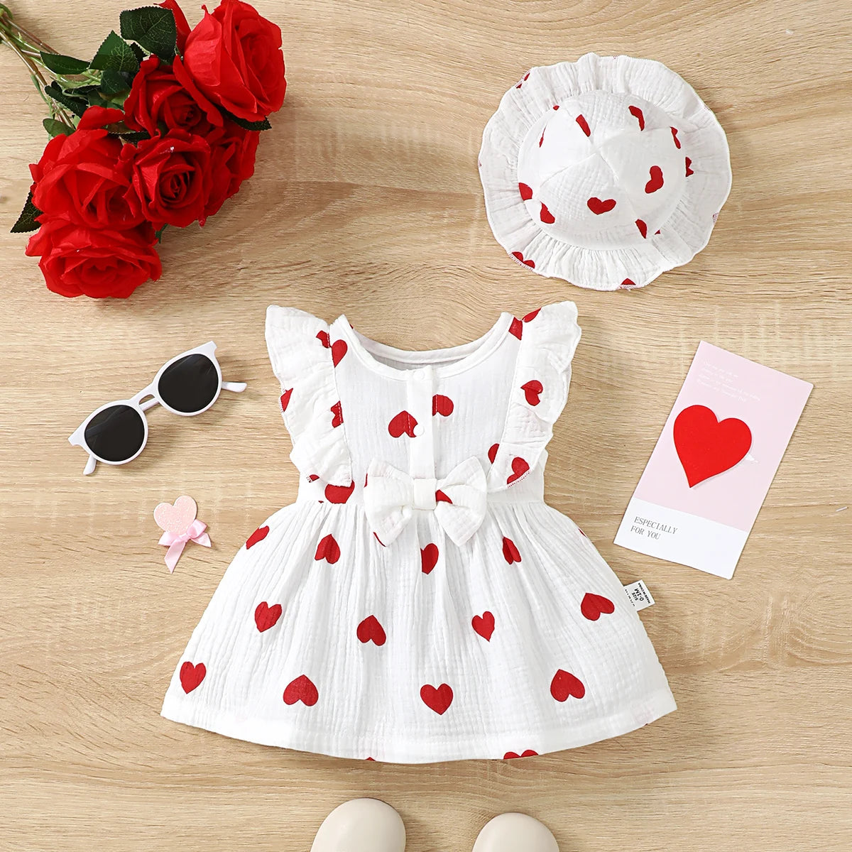 Newborn Baby Girl Dress Set With Hat Sleeveless Love Print Summer Fashion Cute Wear For 0 To 9 Months