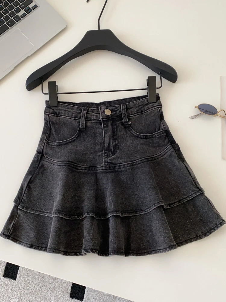 Korean Fashion Preppy Style Denim Skirt Women Slim High Waist Ruffled Layered Hem Vintage Slim Fit Mini Skirt Casual Y2K Clothes
