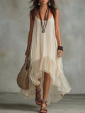 Casual Beach Backless Asymmetrical Dress Womens Boho Solid Maxi Dress Sleeveless Spaghetti Strap High Low Ruffle Hem Flowy Dress