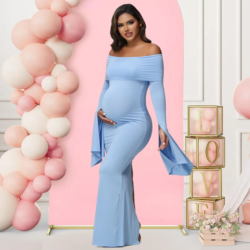 Off - Shoulder Bodycon Maternity Maxi Gown | Baby Shower Photoshoot