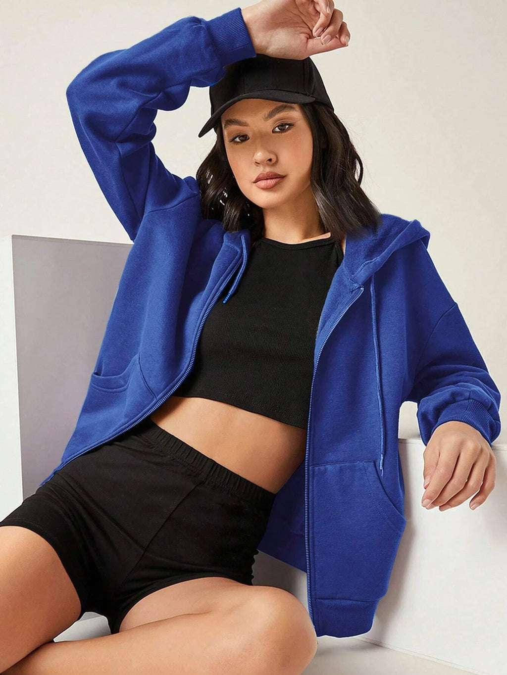 Plus Size Solid Zipper Hoodies Women Warm Fleece Hooded Sweatshirt Autumn Casual Sportswear Pocket Jogging Clothing Street Coat