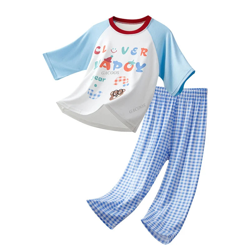 Teenage Boy Pajamas Summer Girl Short Sleeve Children's Clothing Sleepwear Silk Cotton Pyjamas Sets For Kids 4 8 9 12 13 14Years