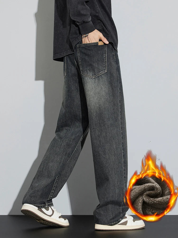 Winter Fleece Men'S Warm Jeans Loose Wide Leg Thickened Thermal Retro Denim Pants Fashion Straight Streetwear Plush Trousers