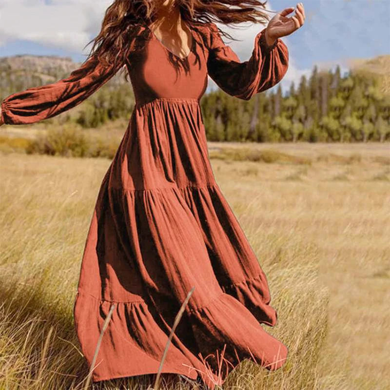 Woman's Solid Color V Neck Dress Elegant A Line Maxi Dress with Pleated Long Sleeves Femme Robe Solid Color Big Swing for Dating