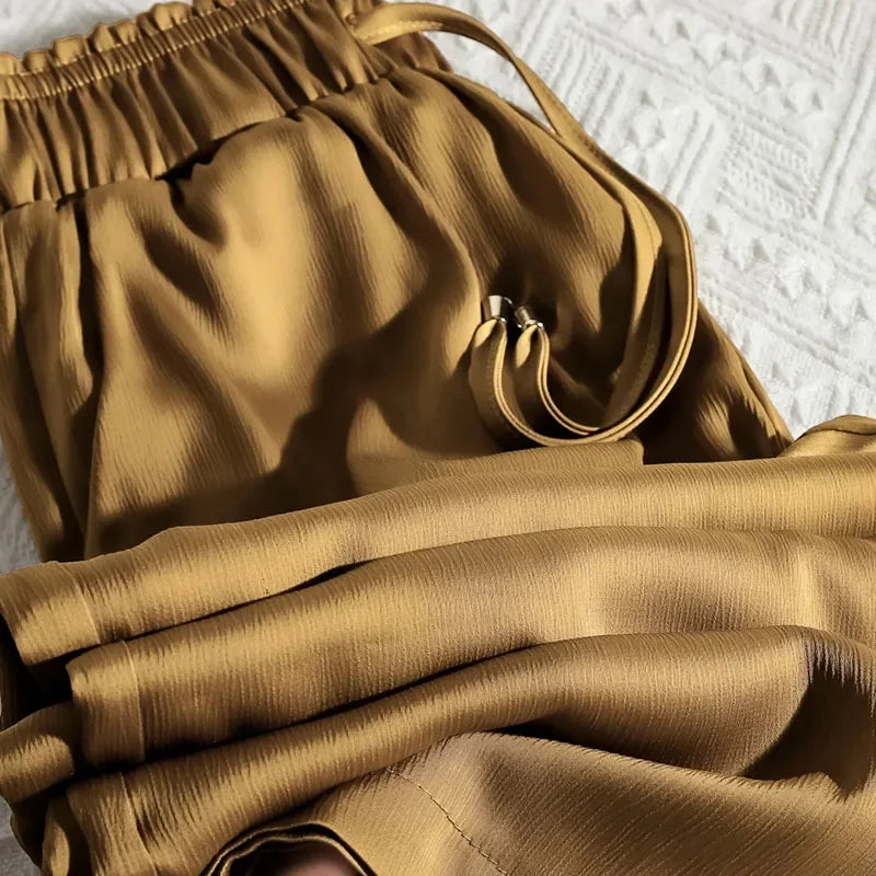 High Quality Wide Leg Pants Women Vintage Drawstring High Waist Satin Silk Pants Woman Casual Loose Straight Trousers