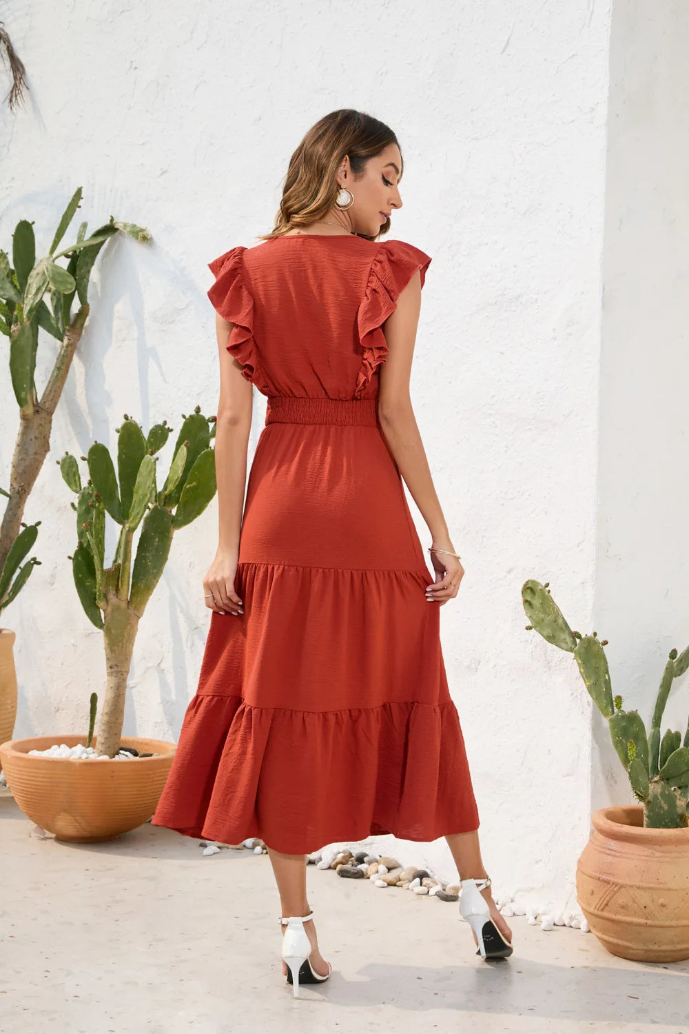 VigoCasey 2026 Summer Female Solid Long Dress Women Sexy Ruffle Sleeveless V Neck Long Dress Lady Casual High Waist Dresses