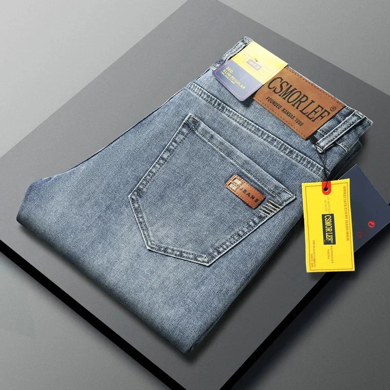 Men's Thin Jeans 2026 Spring Summer Regular Fit Denim Trousers With Stretch Washed Light Blue