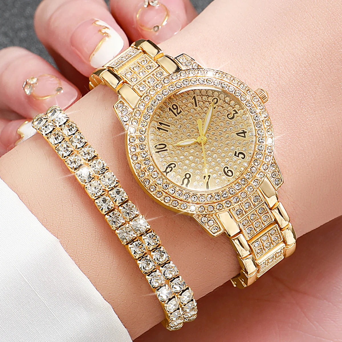 6Pcs Fashion Full Diamond Women'S'S Watch Gold Steel Band Analog Quartz Watches Jewelry Set（Without Box）