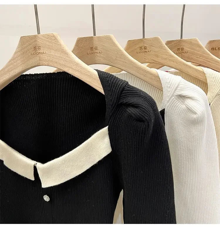Women's Knitted Short Sweater Square Collar Base Shirt Color Collision Design Sensation Autumn Winter Special Edition Top