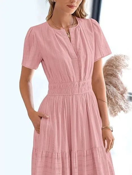 Summer Solid Color V-neck Tight Waist Dress French Style Elegant Pleated Large Swing Long Dress Casual Vacation Style Slimming M