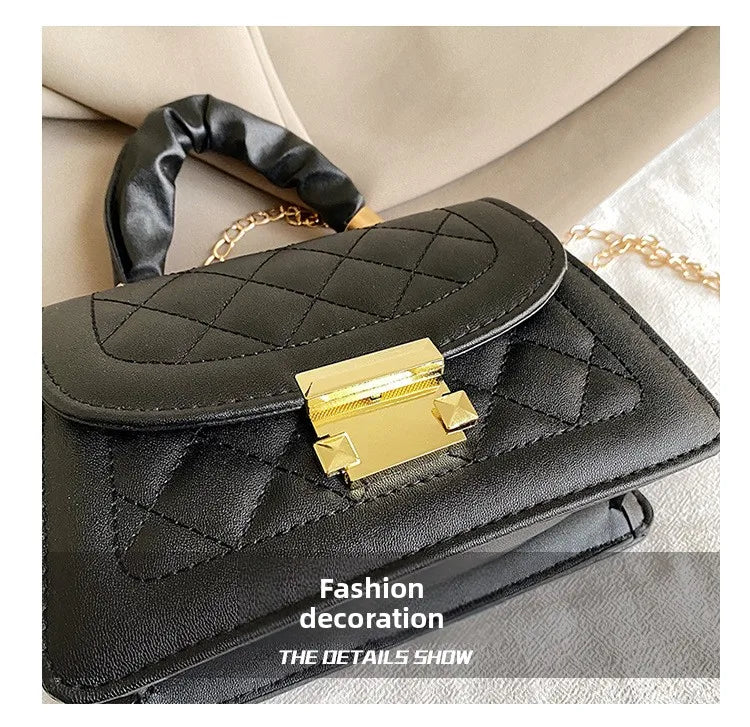 Elegant Women Quilted Top Handle Bags with Gold Chain Strap Ruched Handbag Fashion Lock Crossbody Bag Chic Mini Shoulder Purse