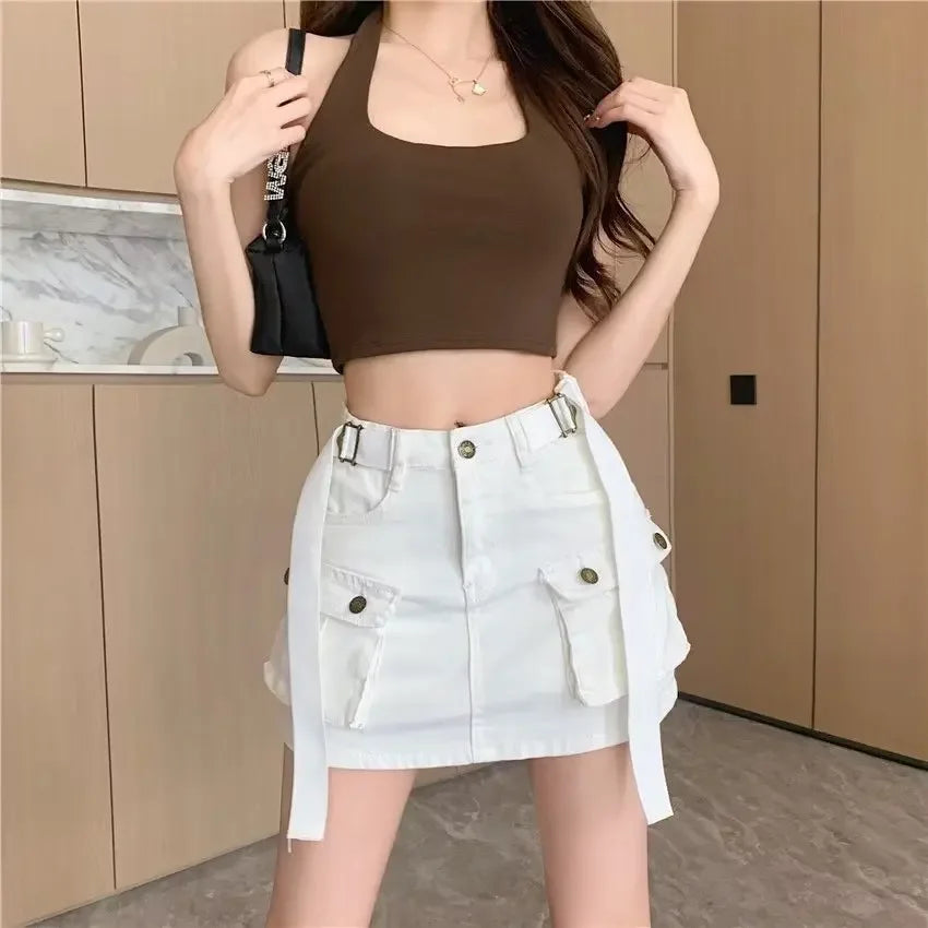 High-Waisted Mini Dress Denim Skirt Women's Summer Workwear A- Line Bodycon Skirt Trendy Semi-Pants Skirt