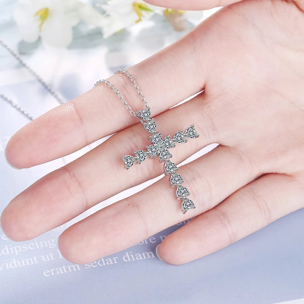 925 Sterling Silver 5A Zircon Cross Pendant Necklace for Women