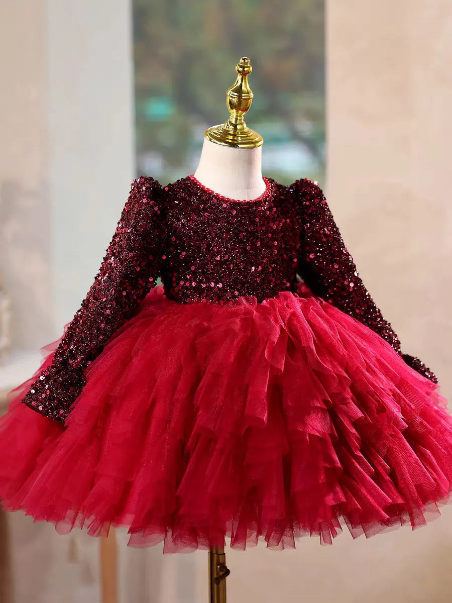 Dreamy Vow D204 Christmas Flower Girl Dress Knee Length Long Sleeve Princess Kids Wedding Birthday Festival Party Pageant Gown