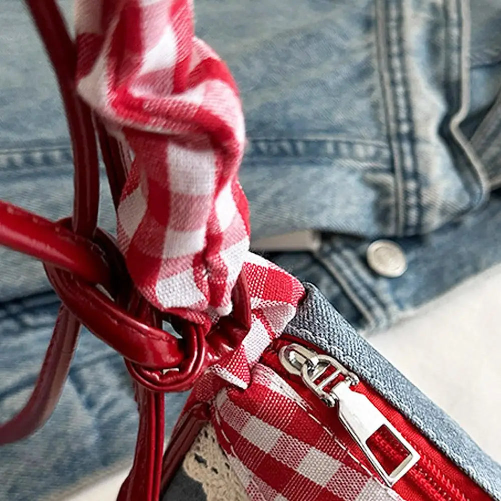 Fashion Grid Women Bag Lace Ribbon Stretchable Shoulder Strap Single Shoulder Underarm Bag Daily Commuting Student Handbag