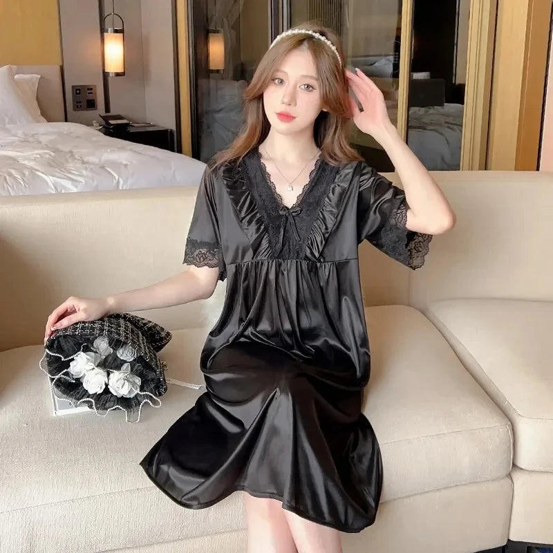 2024 New Women's Sexy Sleepwear Plus Size Ice Silk Satin Night Dress Nightgown Female Lingerie Dress Nightwear 100kg