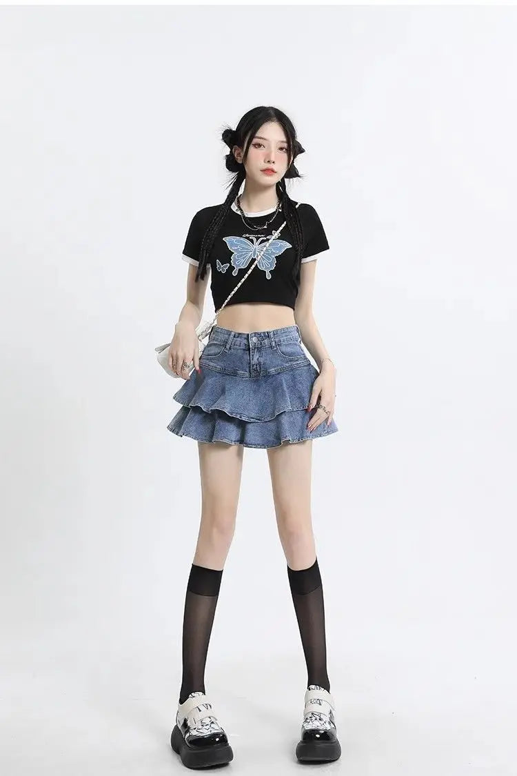 Women's Double Layer Ruffled Denim Mini Skirt With Heart Chain Decoration