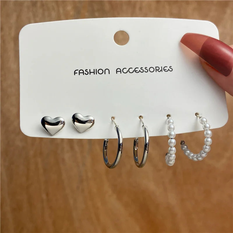 Trendy Vintage Gold Color Earrings Set Pearl Stud Earrings For Women'S Korean Geometric Crystal Small Earrings 2024 Brincosjewelry