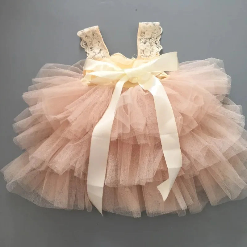 Flower Girl Lace Tulle Dress Elegant Princess Weddings Birthday Party Costumes for 3m To 7y Girls Baptism Festival Ball Gown