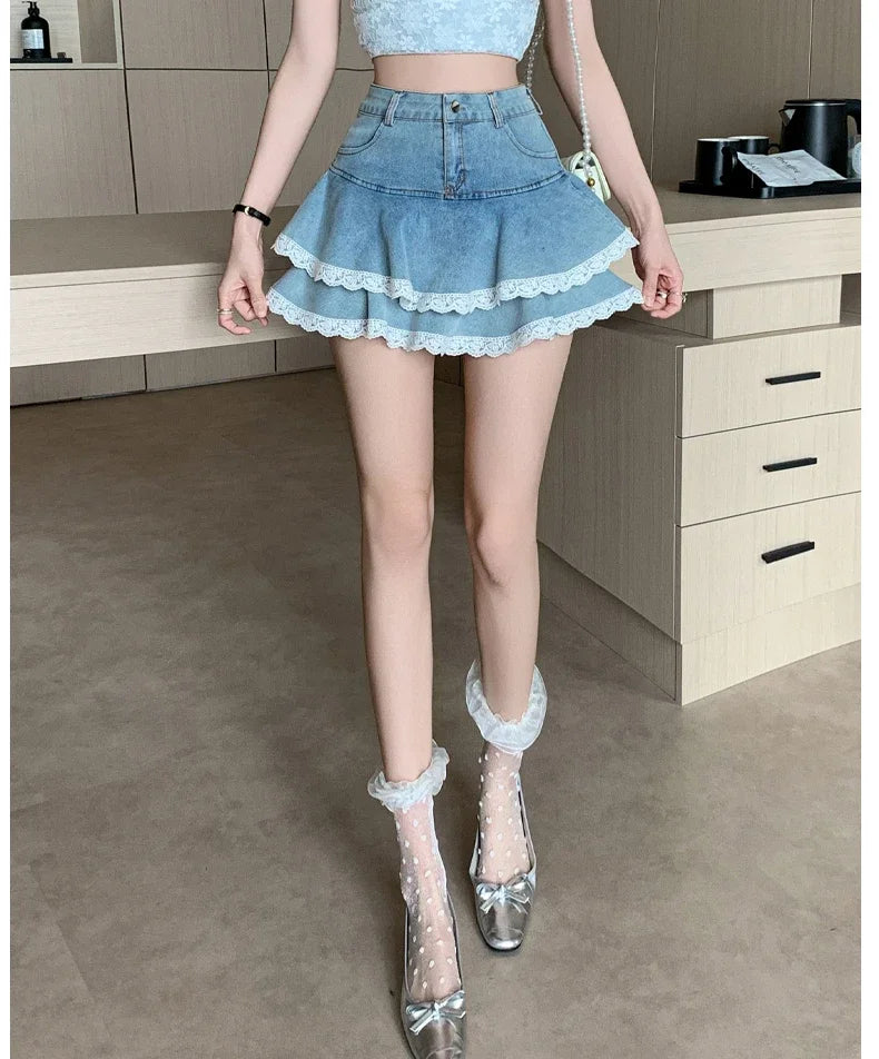 Women's Denim Skirts New Spring Summer Fashion High Waist Lace Decoration Shorts Mini Skirts for Women