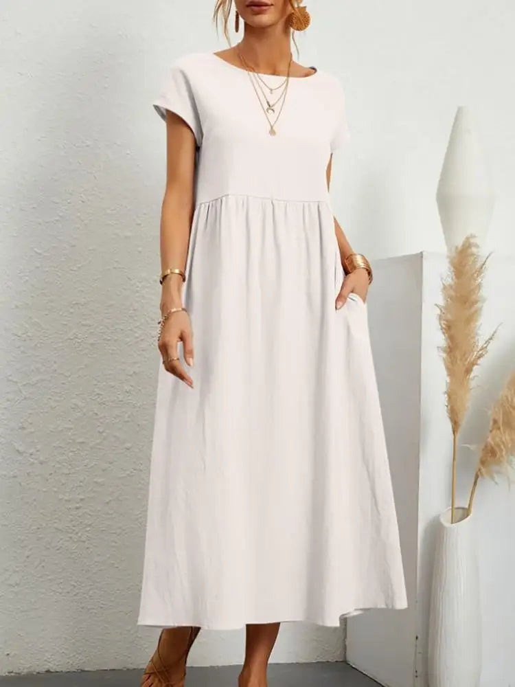 Customizable Fashion Solid Dress Women Cotton Linen O-Neck A-line Dress
