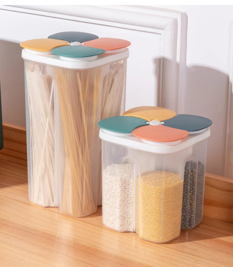 Caja de almacenamiento de cereales para cocina, de plástico, con 4 compartimentos, tarro sellado para cereales, recipiente para alimentos, tanque de grano a prueba de humedad, caja para mantener frescos los espaguetis
