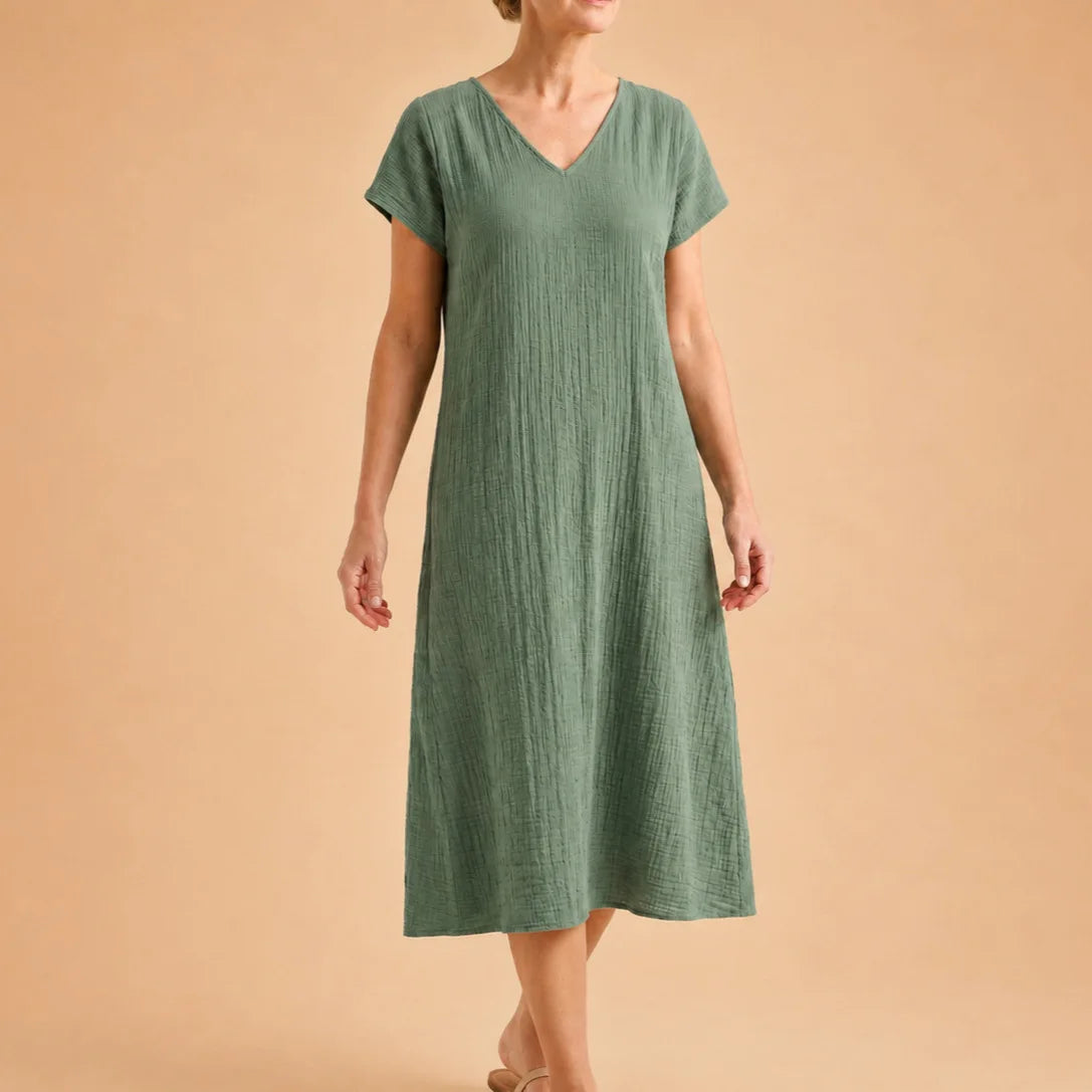 Casual Loose Polyester Crepe Dress V-Neck Short Sleeve Midi A-Line Skirt Women's Fashion Comfortable Leisure Cross-Border Style