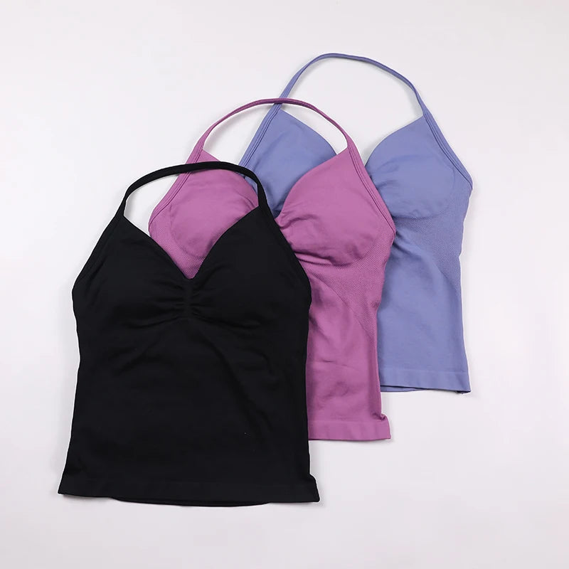 No Logo Longline Strappy Top Women Seamless Yoga Tank Top Ruched Backless Gym Clothes Workout Sleeveless Shirt With Built In Bra