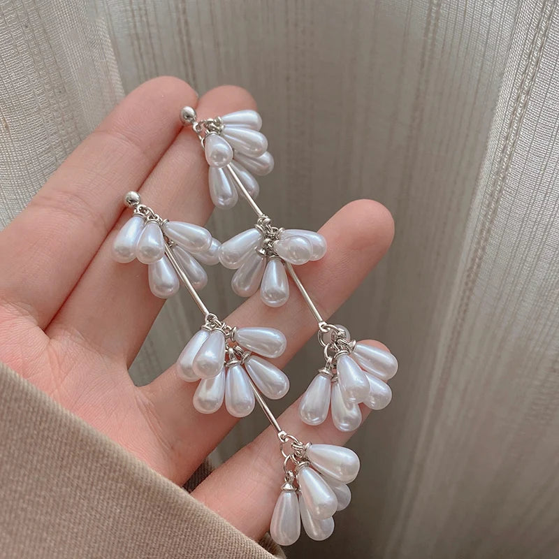 Korean Fashion Style Pearl Long Tassel Clip on Earrings for Women Simple Temperament Long Chain Non-piercing Ears Clip Earrings