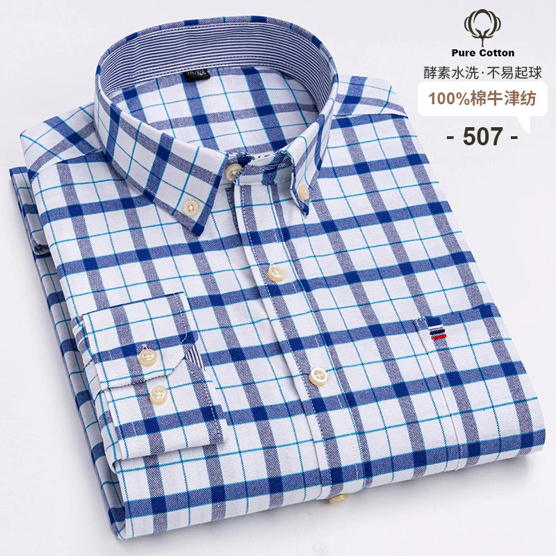Men's 100% Cotton Oxford Plaid Dress Shirt - Long Sleeve Slim Fit