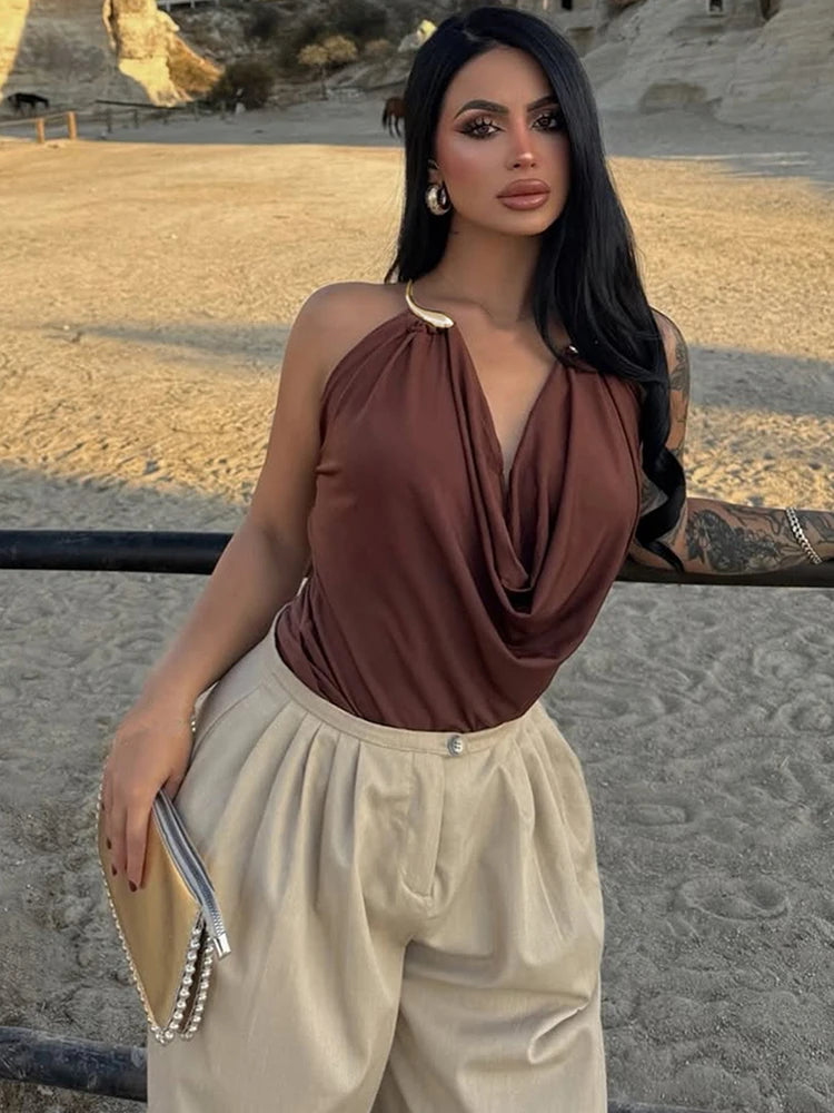 Weird Puss Metal Snake Halter Camisole Women Swing Collar Elegant Backless Summer Trend Beach Vacation Party Clubwear Tank Tops