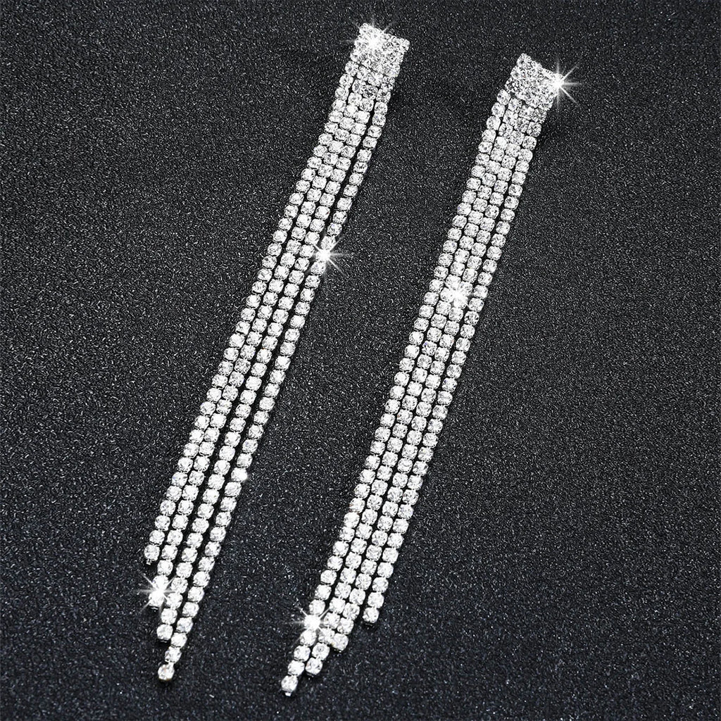 Treazy Shiny 4 Lines Rhinestone Crystal Tassel Long Earrings For Women'S Wedding Hanging Dangle Earrings Bridal Brincos