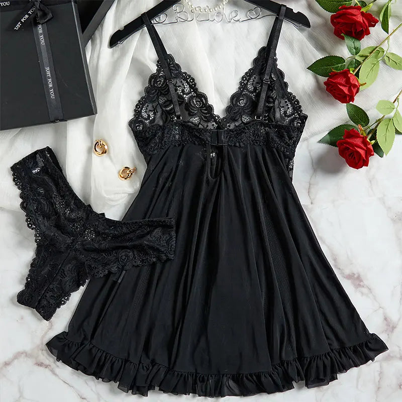 Curves 2-Piece Women's Underwear Set Lace Low-Rise Panties With Nightgown Intimate Apparel Breathable Delicate Summer Lingerie