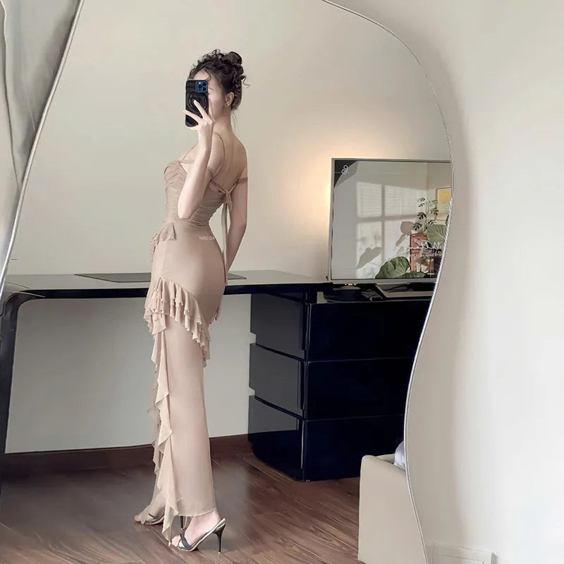 Fashionable Strapless Slim Fit Long Dress Sexy Trendy Girl High Waist Irregular Design Knitted Pure Color Spring New Arrival