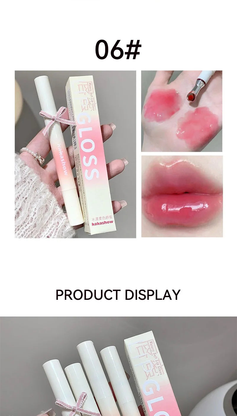 Kakashow Mirror Watery Lip Gloss Iron Brush Head Jelly Lipgloss Moisturizing Lip Tint Lipstick Nature Nude Lips Makeup Cosmetics