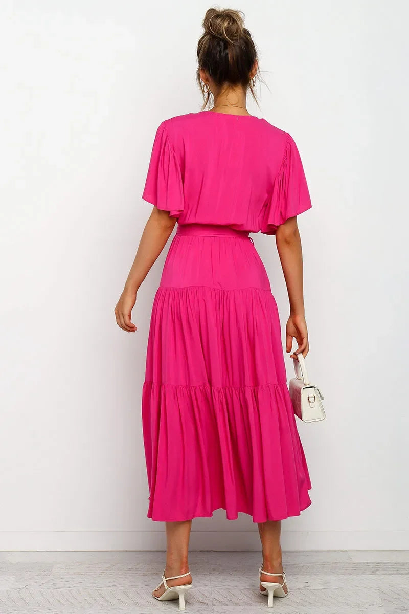 Summer Bohemian Long Dress Pure Color V-Neck Short Sleeve Empire Waist Design Floor Length with Belt Loose Fit Women's Dress