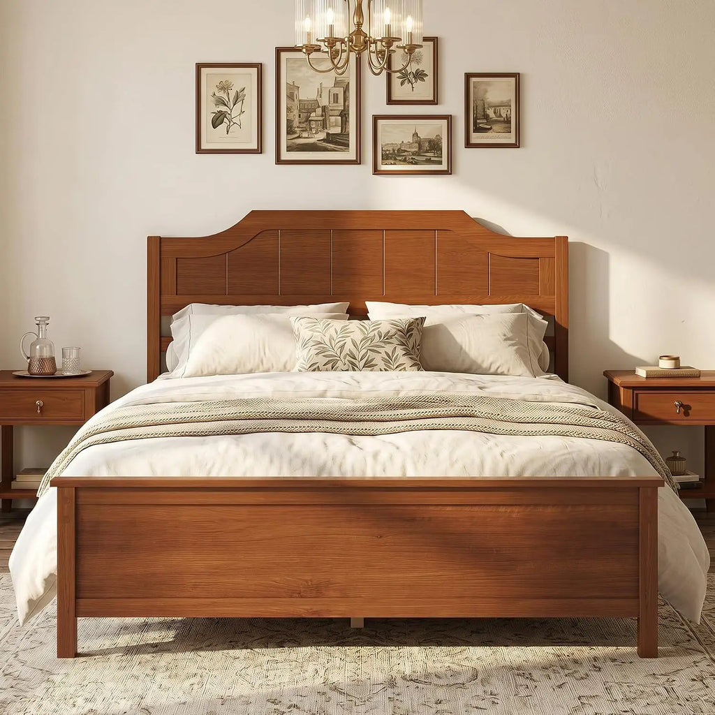 GIANTEX Full Size Wooden Bed Frame with Headboard, Wood Slat Support | Farmhouse Platform Bed with Heavy Duty Mattress Foundatio