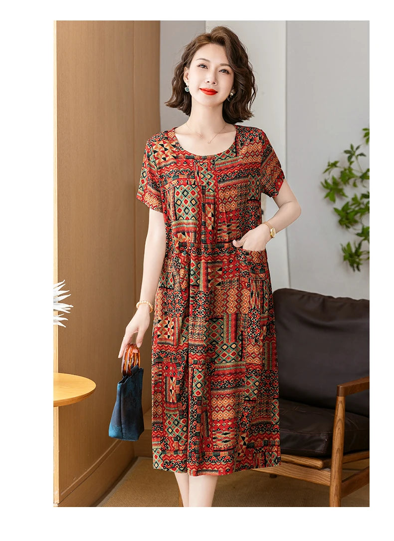 New 2025 Summer Dress Long Vintage Loose Women Elegant Sundress Dress Casual O-neck Dresses Print Plus Size