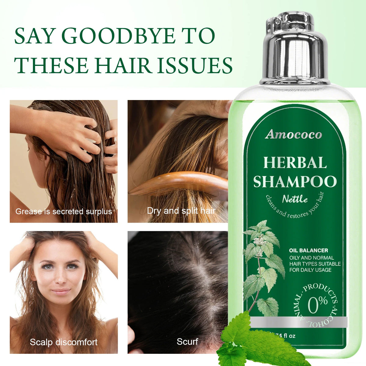 Amococo Nettle Shampoo 3 x 220ml - Oil Balancing Hair Cleanser