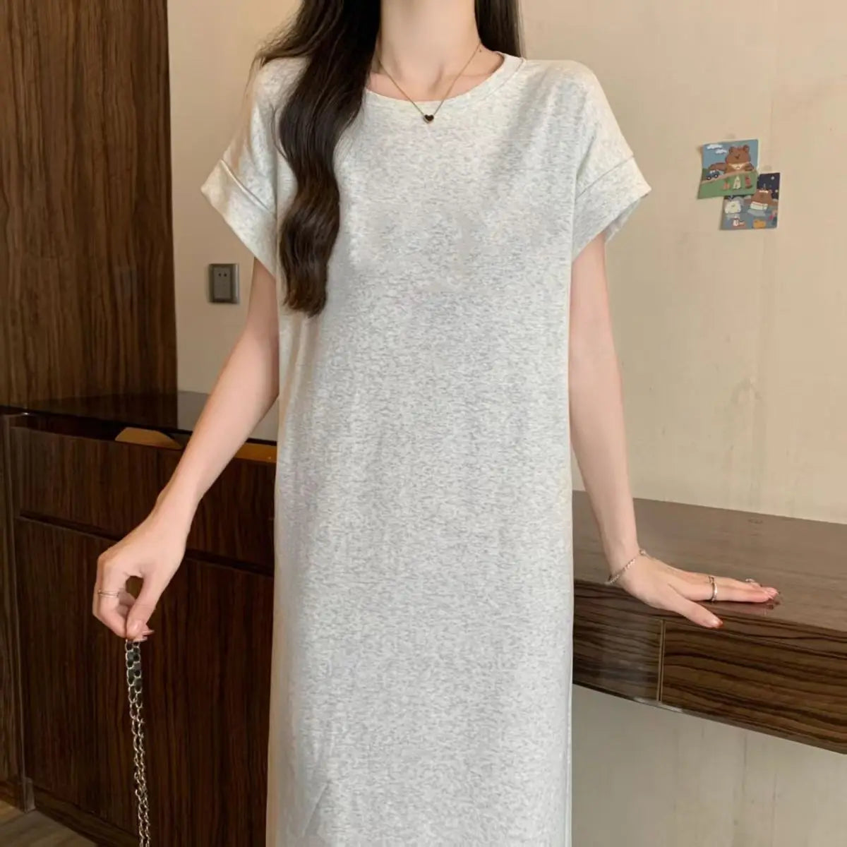 Women Cotton T-Shirt Dress Crew Neck Short Sleeve Loose Split Side Summer Casual Maxi Dress