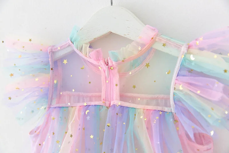 Girls Rainbow layered Dress Birthday Dress Teens Girl Clothes Summer Sequined Princess Mesh Tutu Dresses Kid Party Costume