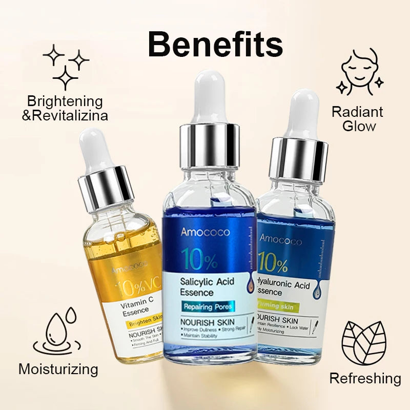 Amococo 2pcs Facial Serum 30ml 10% Salicylic Acid Essence Vitamin C Essence Hyaluronic Acid Face Serum Moisturizing Hydrating Skin Care Brightening Nourishing Essence for Daily Face Care