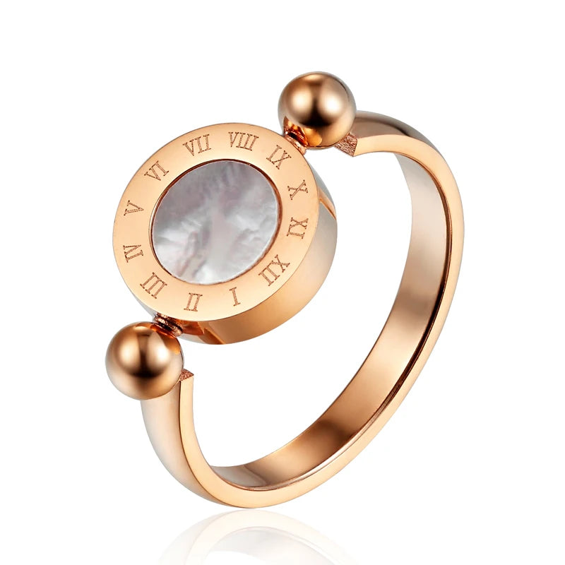 Rotatable Enamel Roman Numeral Ring For Women Stainless Steel Jewelry Elegant Shell Inlay Gift