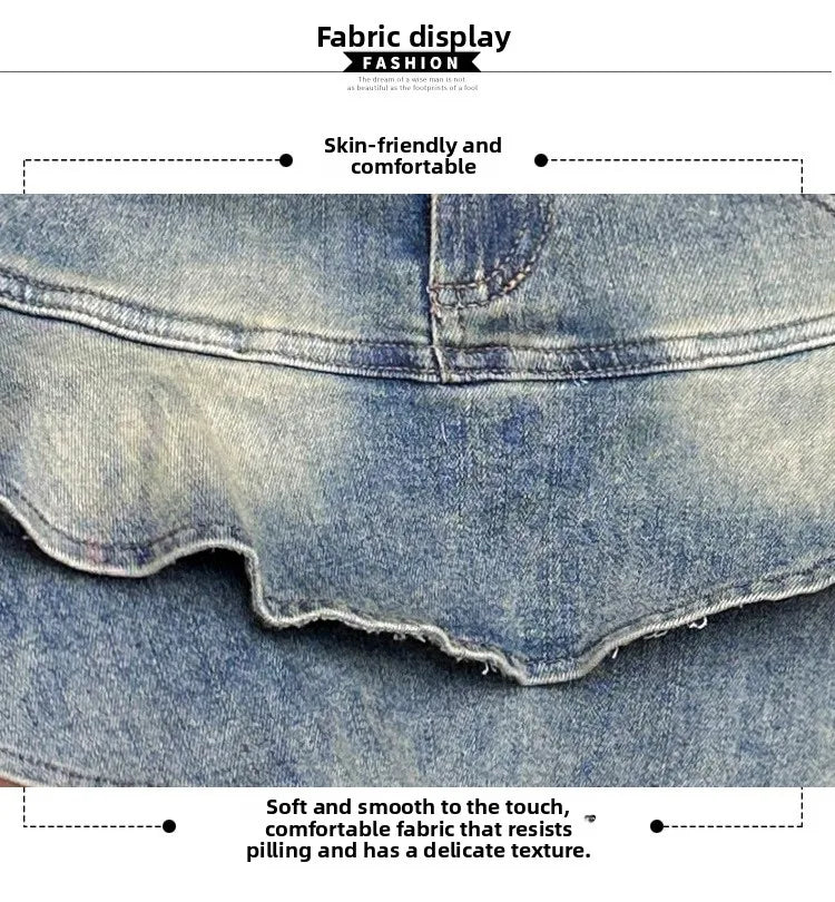 2026 American Pure Desire Spicy Girl Design Elastic Denim Skirt Half-length Pleated Cake Skirt Short Commute High Elasticity
