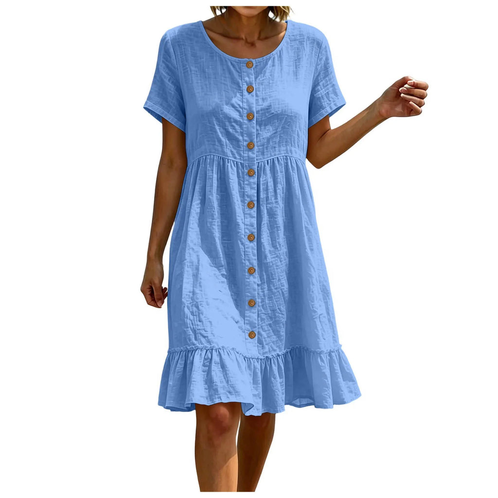 Women Casual Summer Dress Round Neck Front Button Down Short Sleeve Loose Midi Dress Solid Ruffle Hem Beach Cotton Linen Dreses